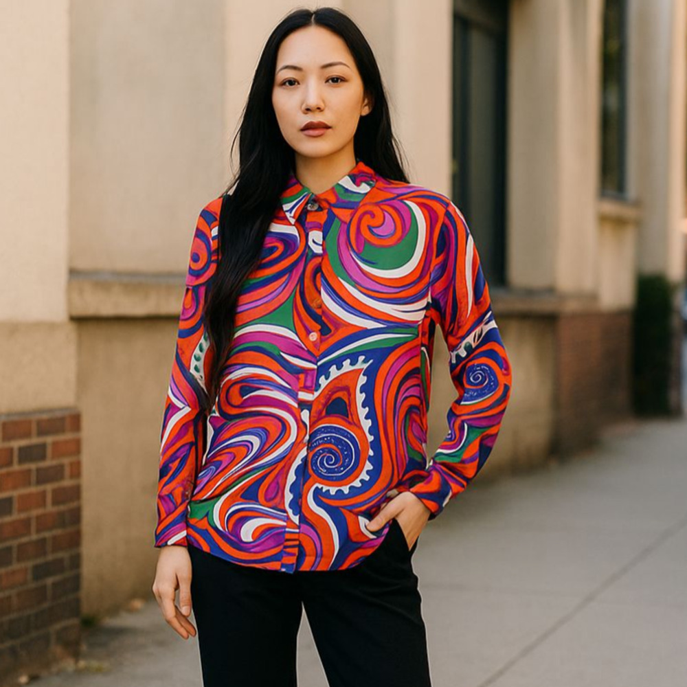 c.l.o.t.h.e.s Psychedelic 60's Style Silk Button Up Long Sleeve Blouse Size L